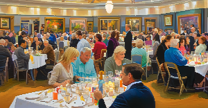 A lively charity auction with diverse individuals interacting, decorated tables, and items for auction under warm lighting.