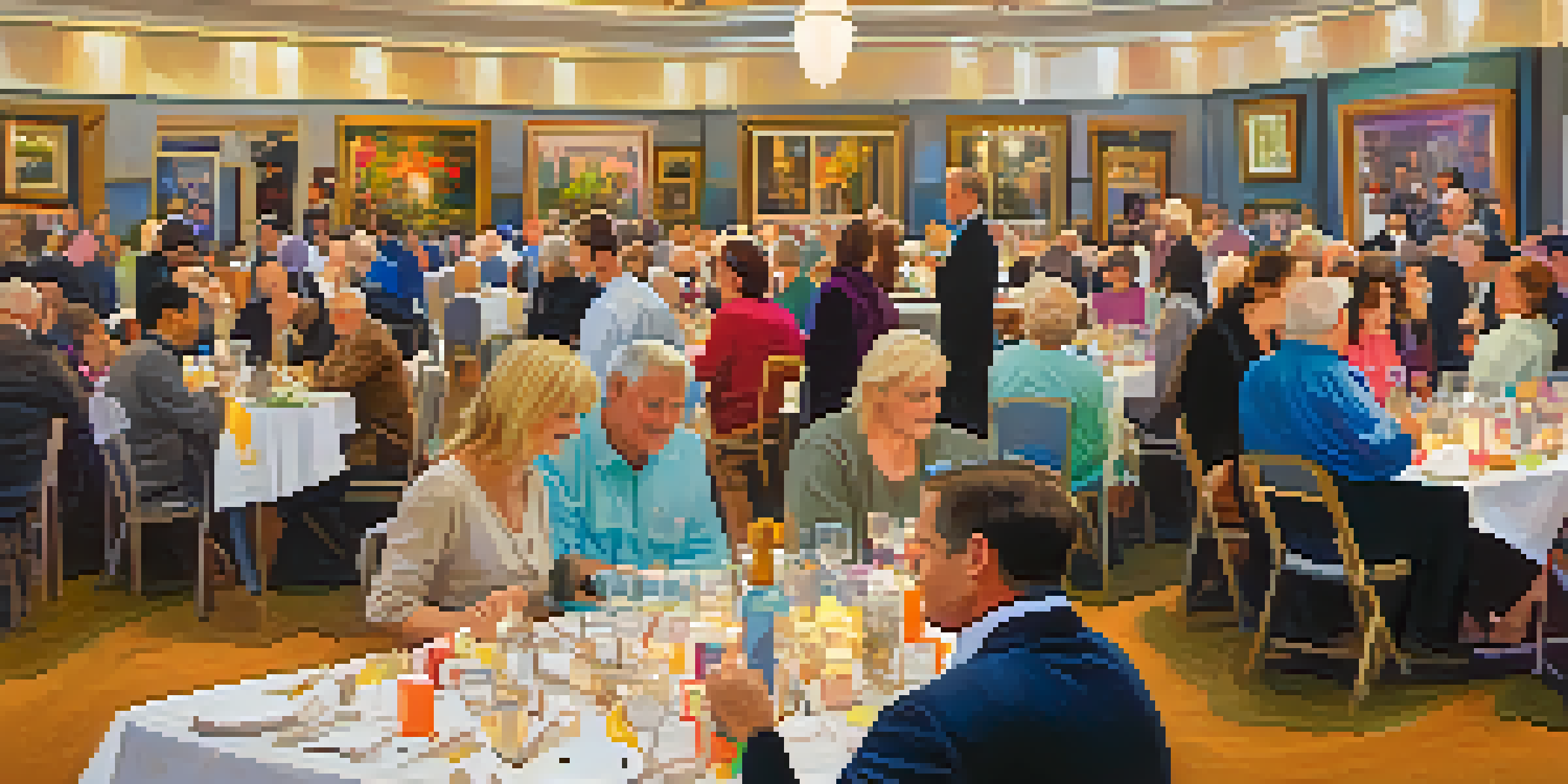 A lively charity auction with diverse individuals interacting, decorated tables, and items for auction under warm lighting.