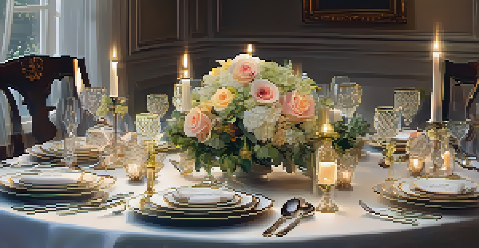 An elegantly set dining table for a festive occasion with fine china, a floral centerpiece, and delicious dishes arranged attractively.