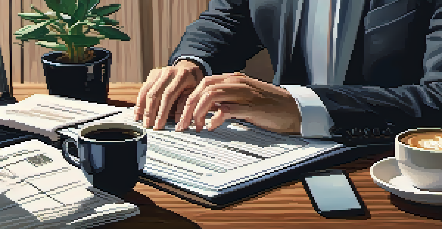A close-up of hands typing on a laptop surrounded by tax documents on a desk, with a coffee mug and a plant.