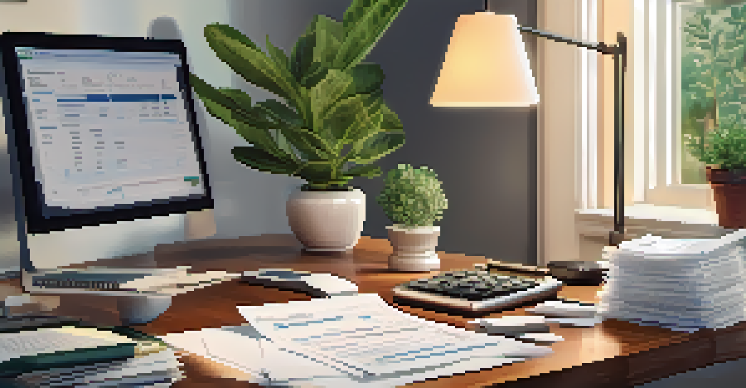 A focused individual working on tax preparation amidst healthcare receipts and a laptop, in a softly lit room.