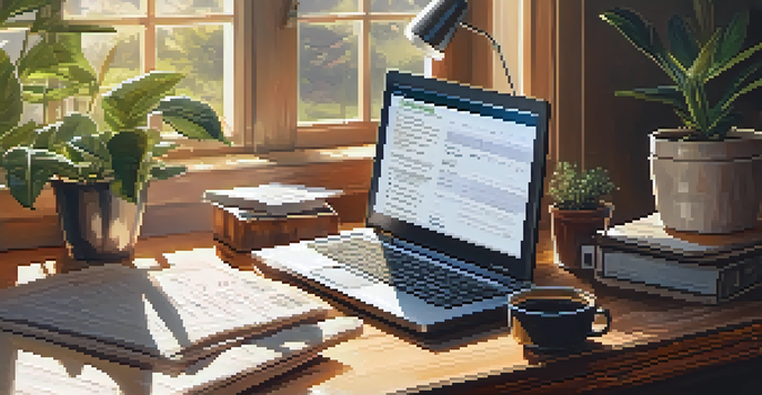 A warm and inviting home office with a desk, laptop, tax forms, calculator, and a cup of coffee, illuminated by sunlight.