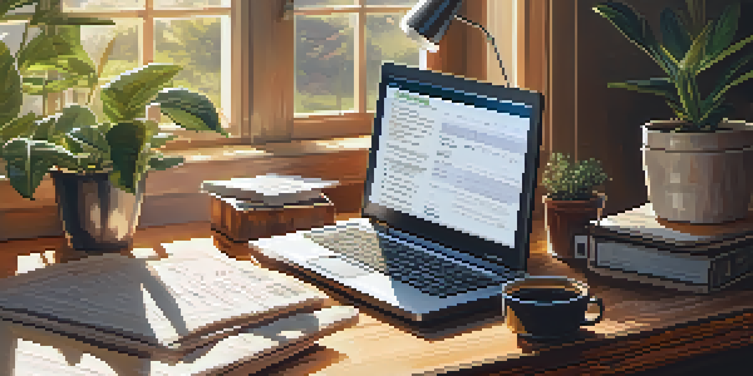 A warm and inviting home office with a desk, laptop, tax forms, calculator, and a cup of coffee, illuminated by sunlight.
