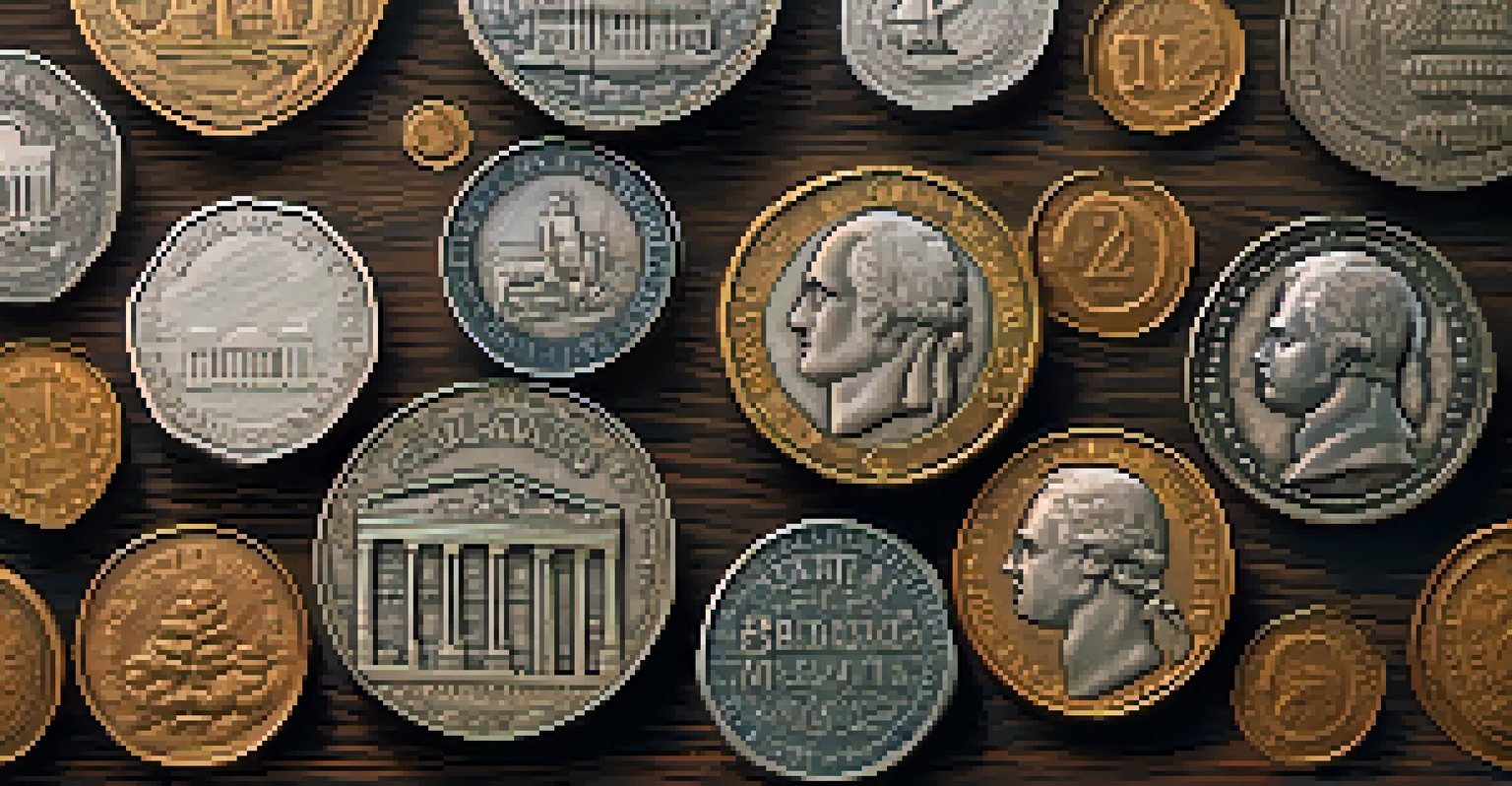 A close-up view of various vintage coins on a wooden table, showcasing detailed engravings and textures.