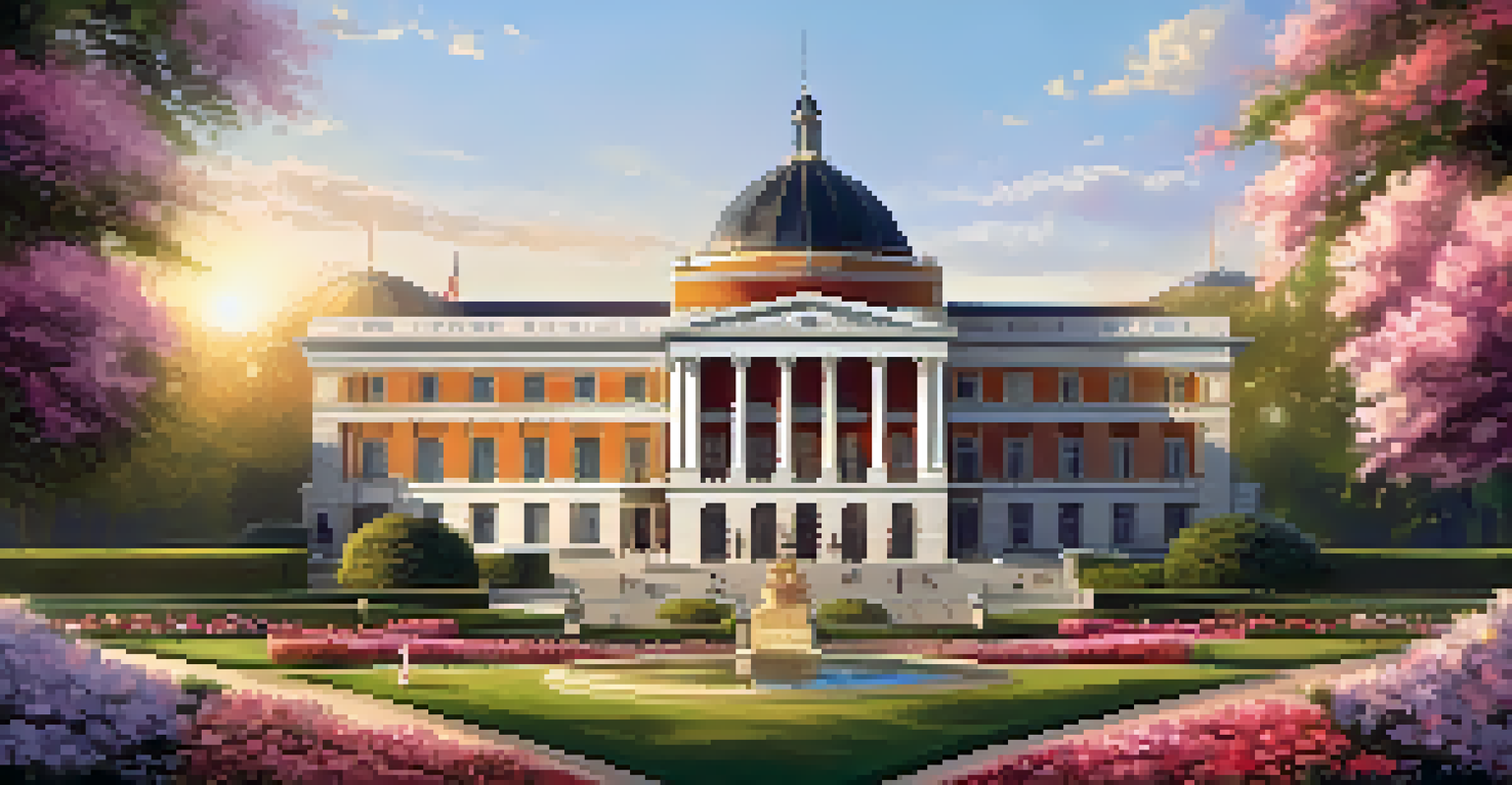 A state government building with classical architecture surrounded by gardens, illuminated by sunset.