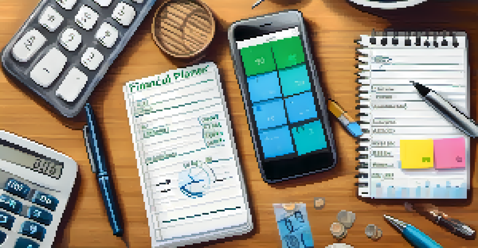 A close-up of a hand writing in a financial planner with a pen, surrounded by a calculator and smartphone, creating a focused atmosphere.