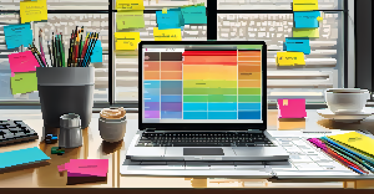 An organized workspace with a laptop, calculator, sticky notes, and a window letting in sunlight.