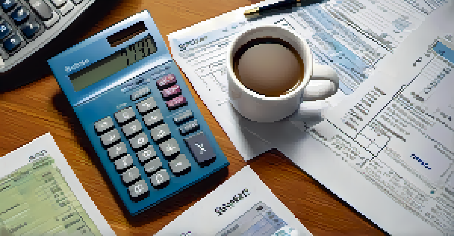 A detailed view of a calculator and tax forms on a table with a pen and coffee cup, emphasizing financial planning.