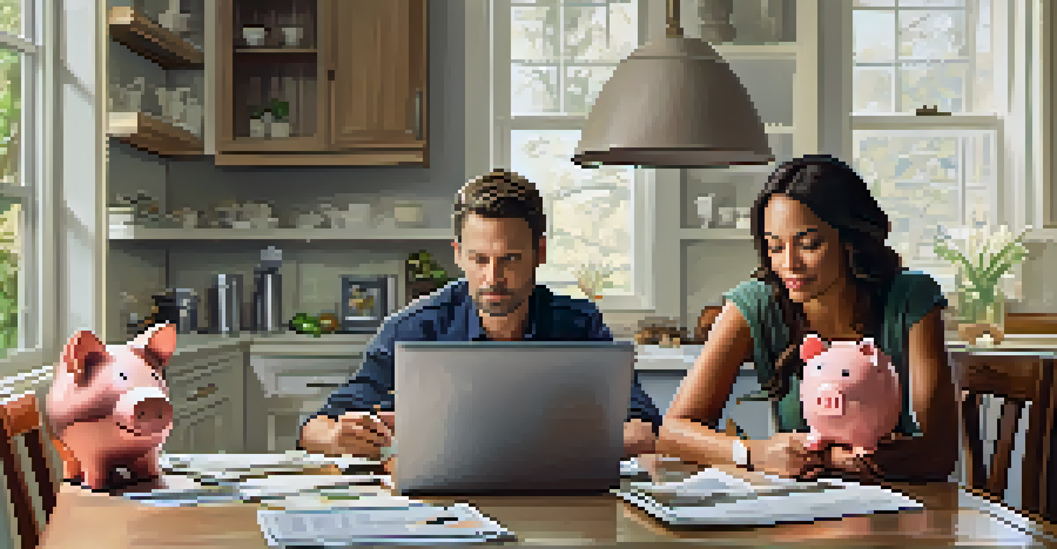 A family discussing their financial future at a dining table with papers and a piggy bank, in a warm and inviting setting.