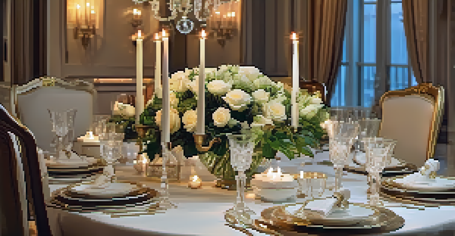 A beautifully arranged dining table with fine china, glassware, and flowers, illuminated by candlelight.