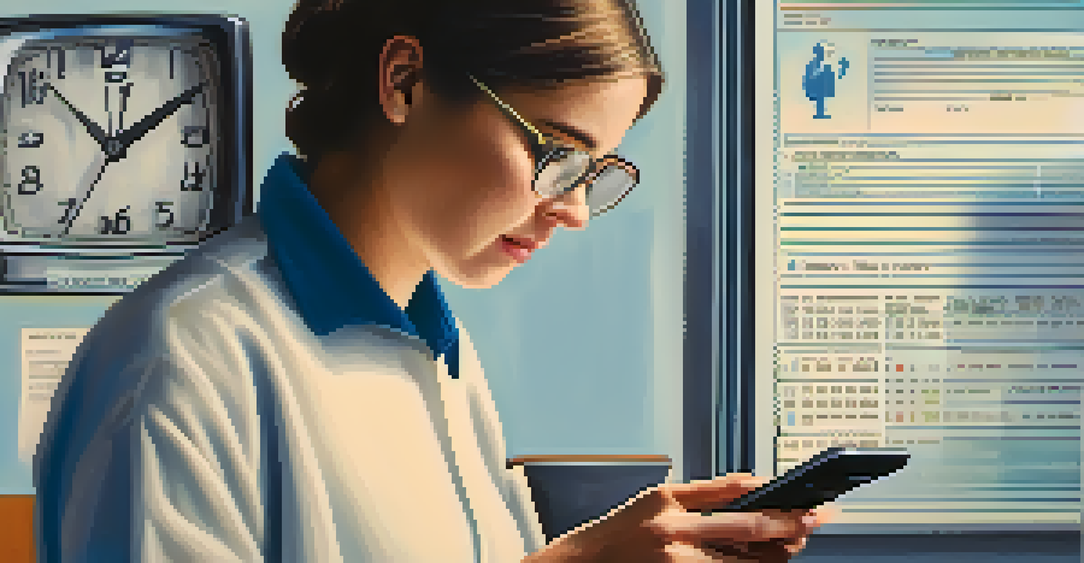 A person anxiously checking their tax refund status on a smartphone, set against a blurred tax office background.