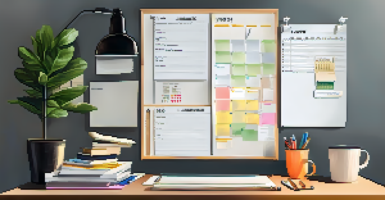 An organized desk with office supplies, calendar, and notes, illuminated by bright overhead lighting.