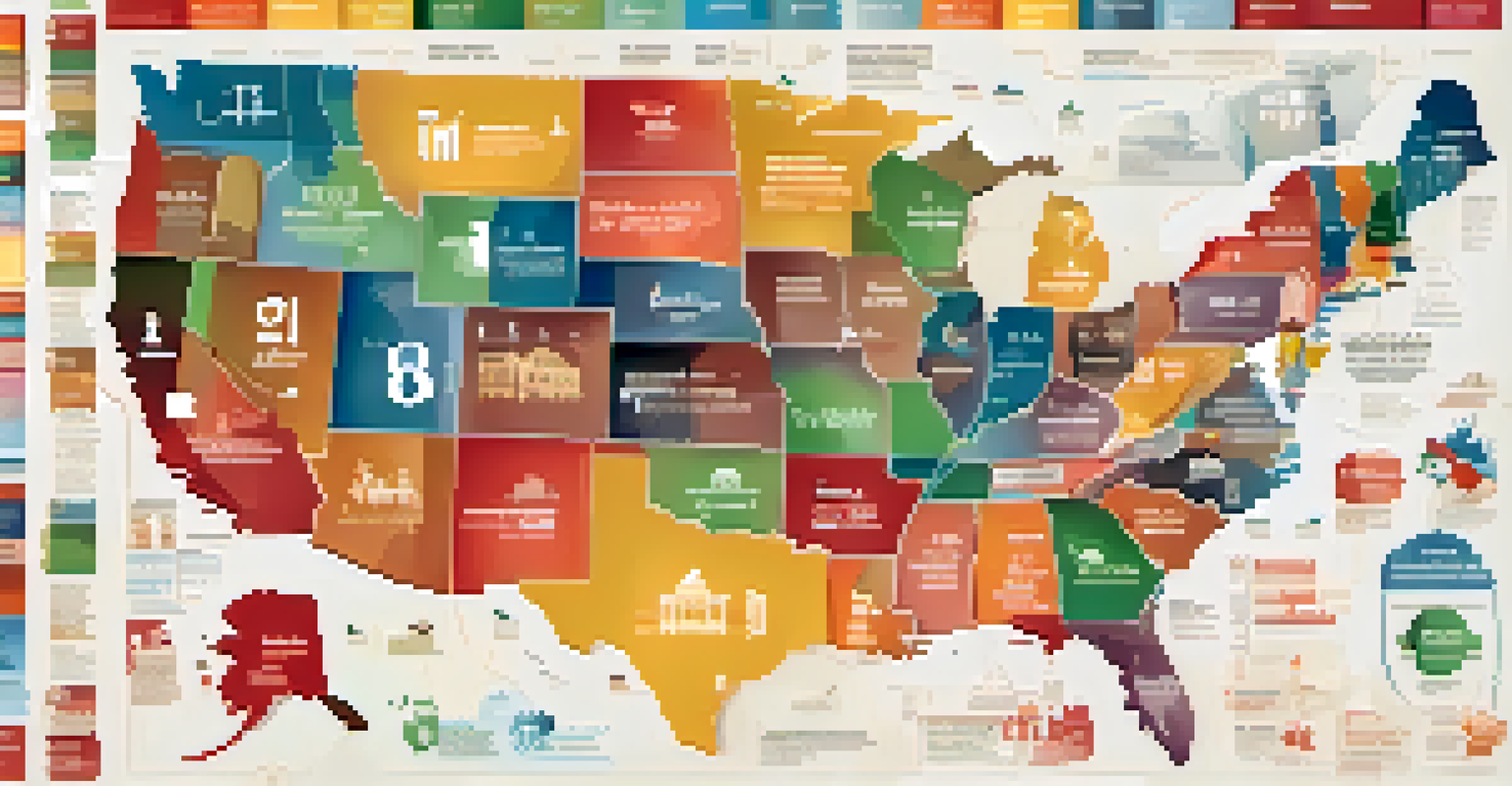 A map of the United States displaying different sales tax rates with icons of local businesses.