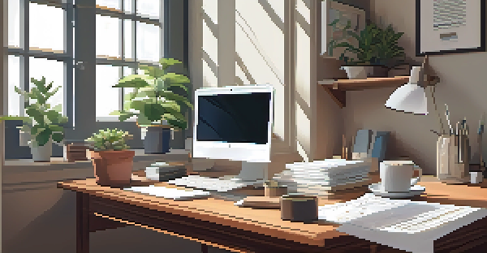 A warm and inviting home office with a wooden desk, laptop, stationery, plant, and coffee cup under natural light.