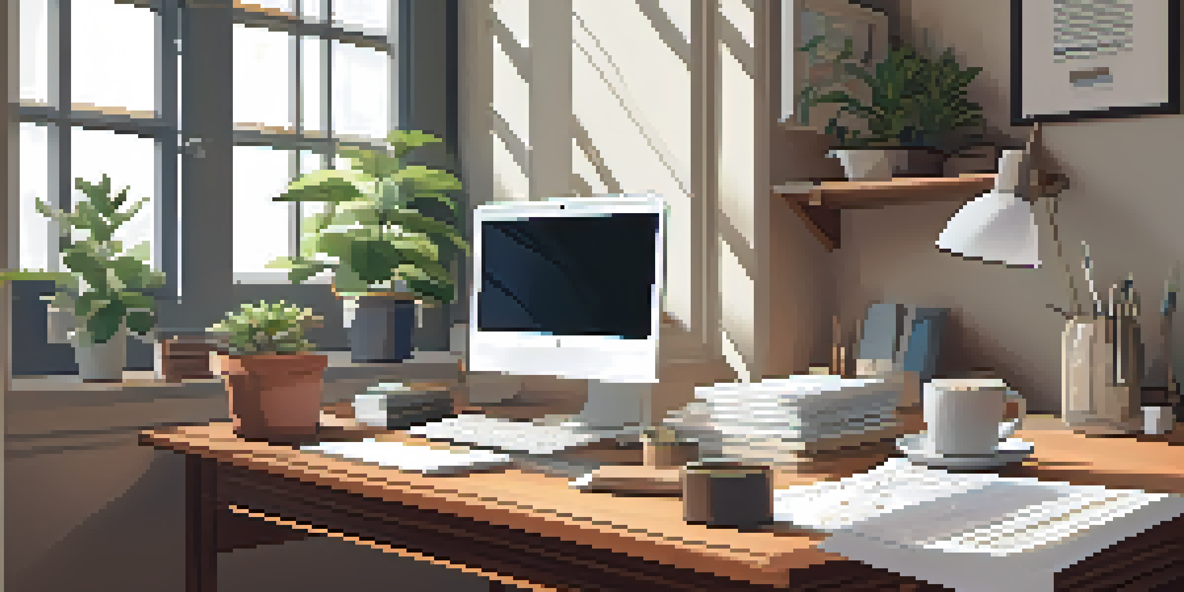 A warm and inviting home office with a wooden desk, laptop, stationery, plant, and coffee cup under natural light.