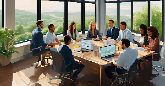 A diverse group of employees in a modern office discussing employee stock options with charts on a laptop.