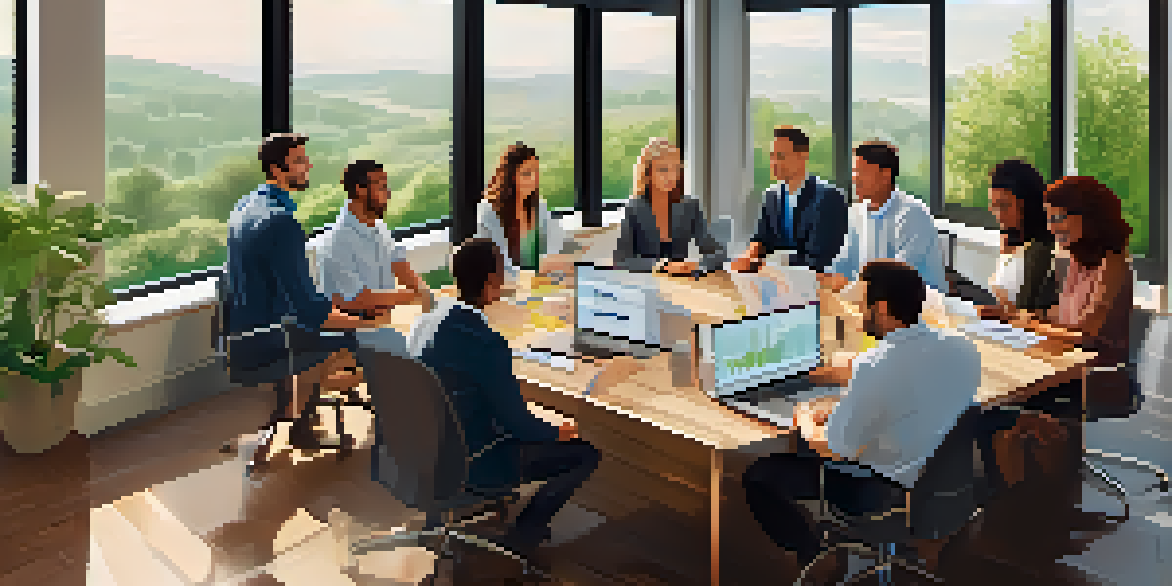A diverse group of employees in a modern office discussing employee stock options with charts on a laptop.