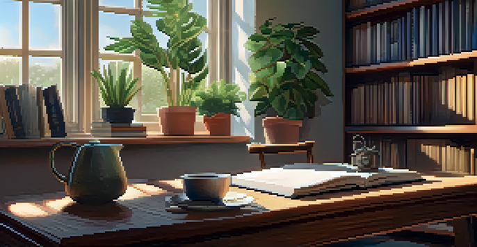 A cozy home office with a wooden desk, laptop, coffee cup, and a potted plant illuminated by soft sunlight.