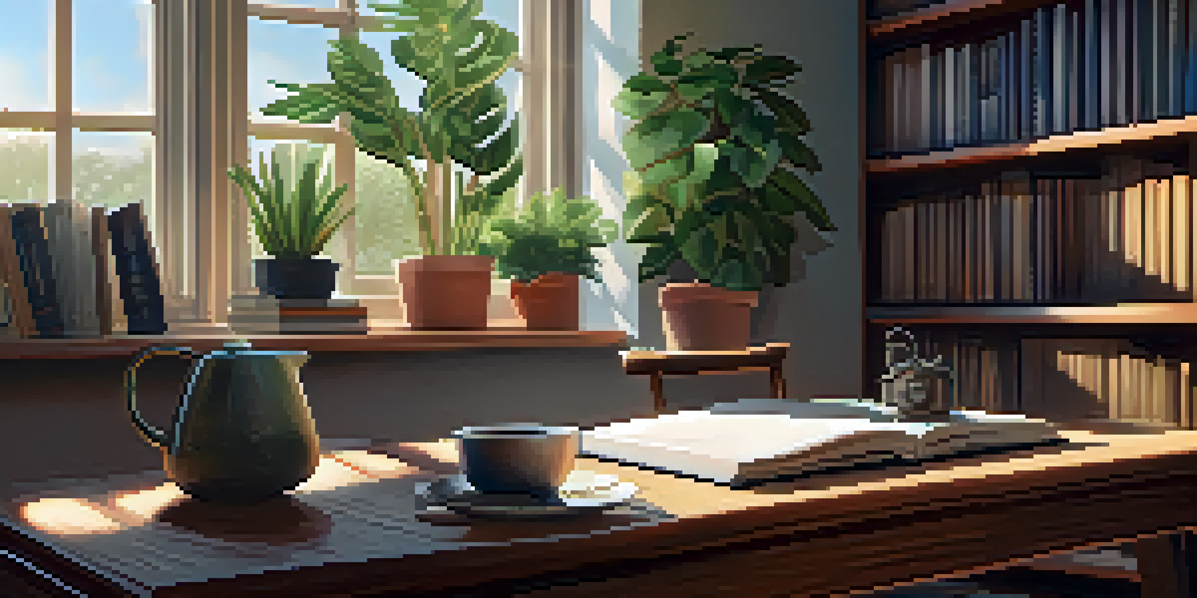 A cozy home office with a wooden desk, laptop, coffee cup, and a potted plant illuminated by soft sunlight.