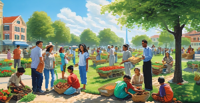 A diverse group of people in a park, happily engaging in charitable activities like planting trees and distributing food, under a sunny sky.