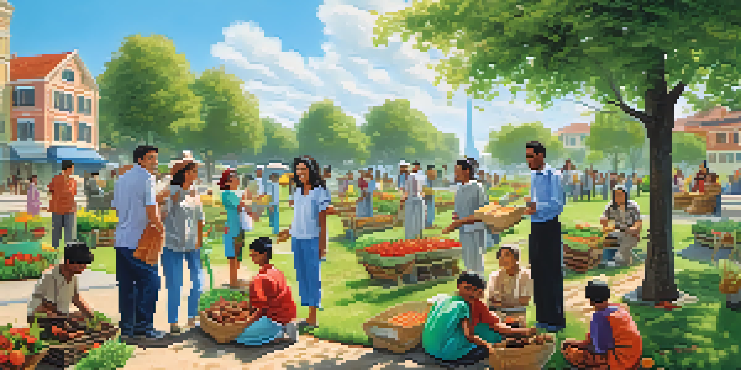 A diverse group of people in a park, happily engaging in charitable activities like planting trees and distributing food, under a sunny sky.