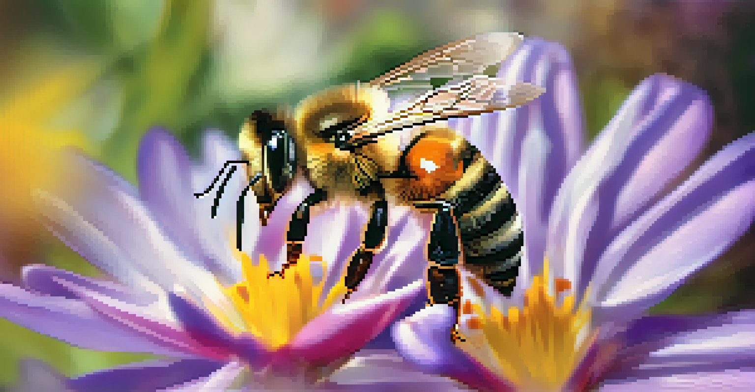 A close-up of a honeybee on a colorful flower, with translucent wings glistening in the sunlight.