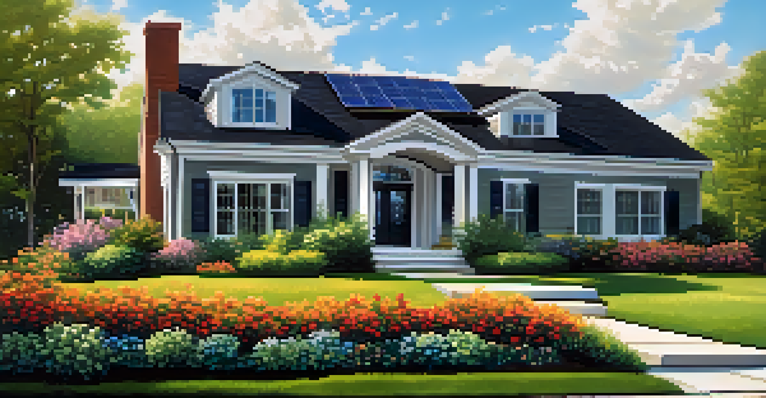 A beautiful house with solar panels on the roof, surrounded by greenery and flowers under a sunny sky.