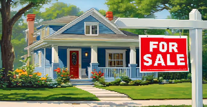 A well-maintained house with a red 'For Sale' sign in the yard, under a clear blue sky.