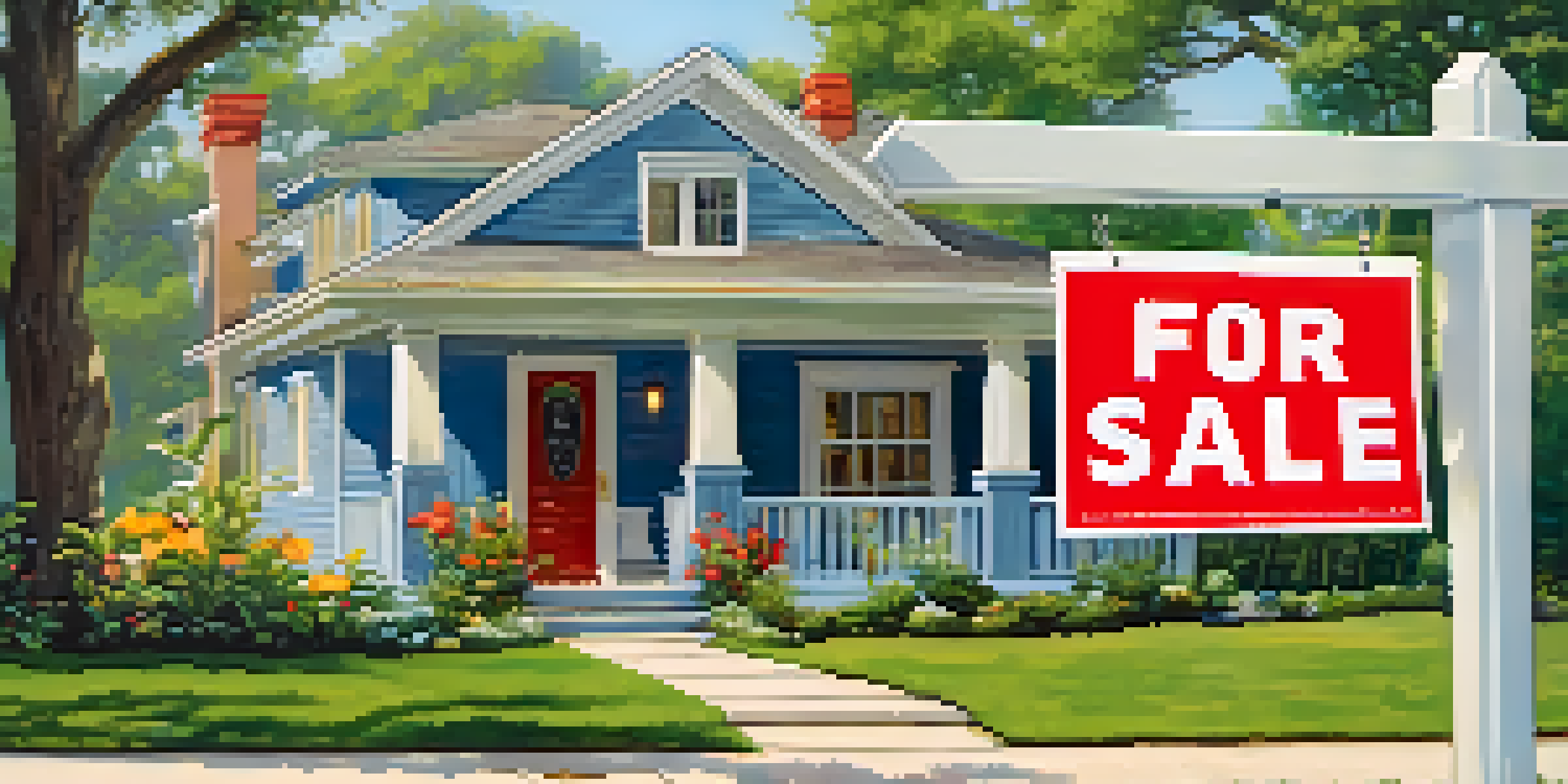 A well-maintained house with a red 'For Sale' sign in the yard, under a clear blue sky.