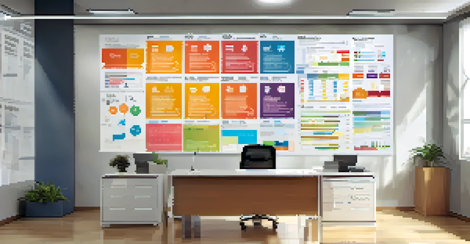 An infographic on a wall illustrating the importance of tax records, featuring colorful charts and icons in a modern office setting.