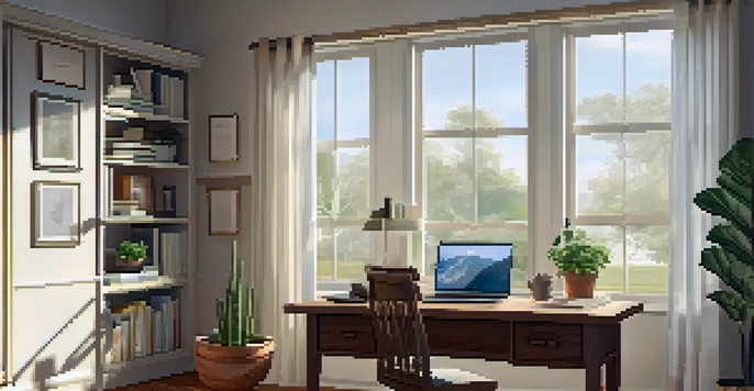 A peaceful home office with a wooden desk, laptop, tax documents, and a potted plant, illuminated by natural light from a window.