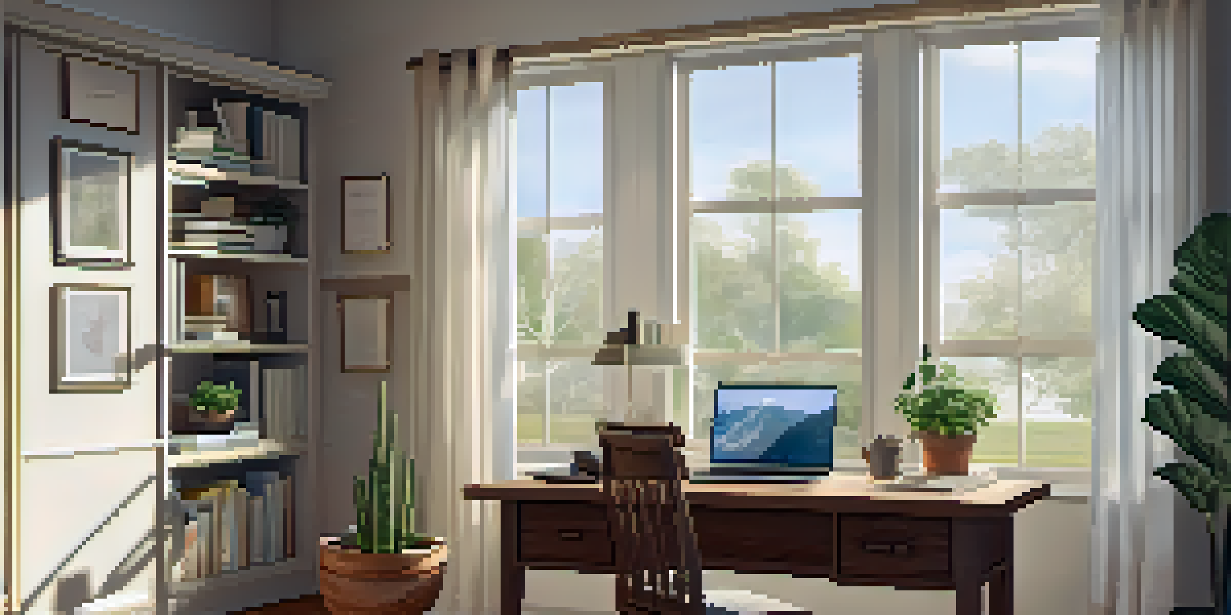 A peaceful home office with a wooden desk, laptop, tax documents, and a potted plant, illuminated by natural light from a window.