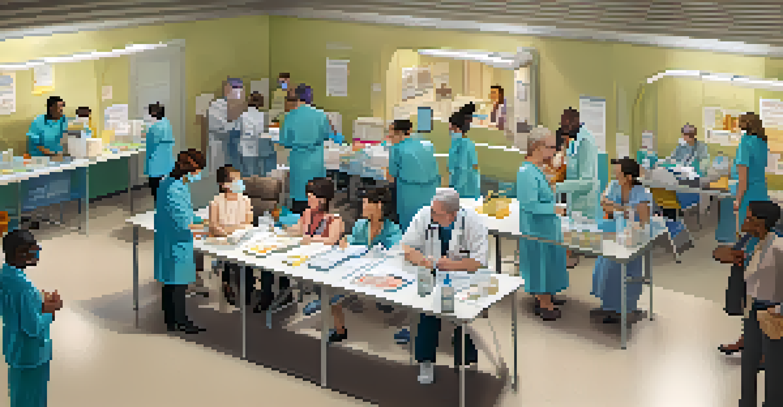 An overhead view of a vaccination clinic with healthcare professionals administering vaccines to a diverse group of individuals.