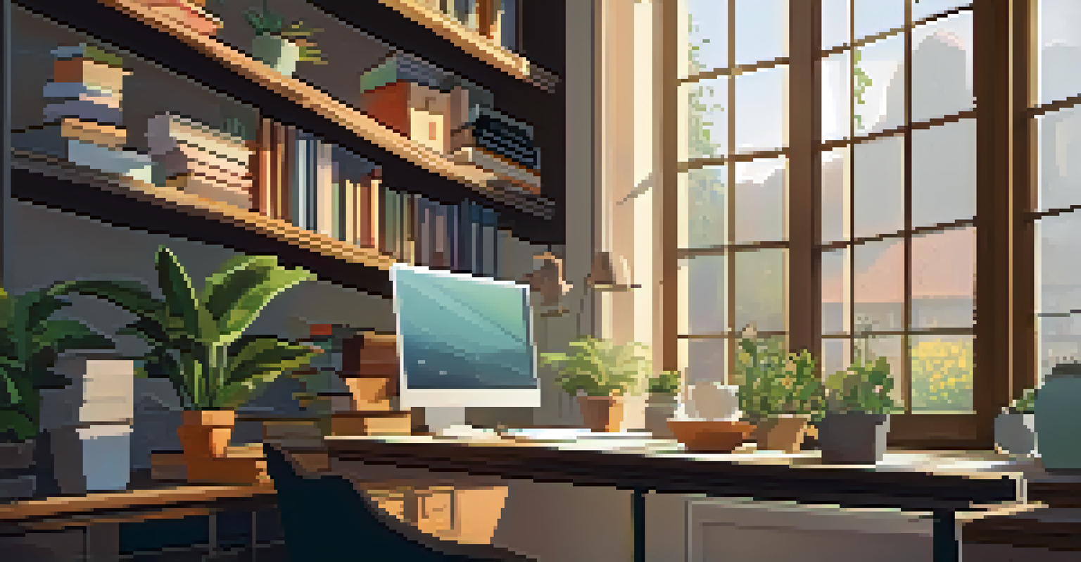 A home office with a wooden desk, open laptop, bookshelves, and a cup of coffee, illuminated by natural light.
