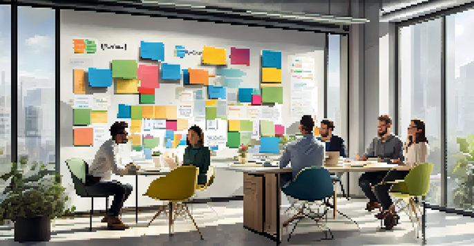 A diverse group of employees in a bright office discussing benefits, with a whiteboard and plants in the background.