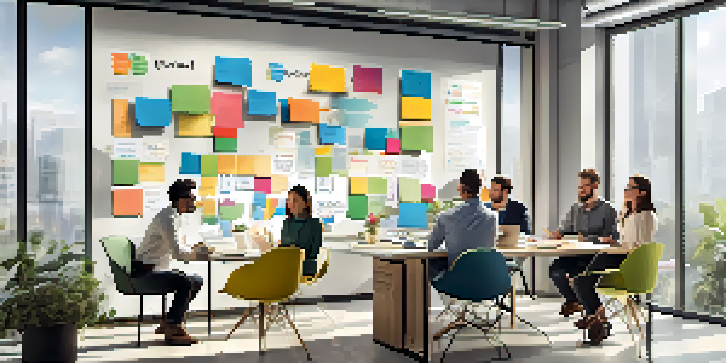 A diverse group of employees in a bright office discussing benefits, with a whiteboard and plants in the background.