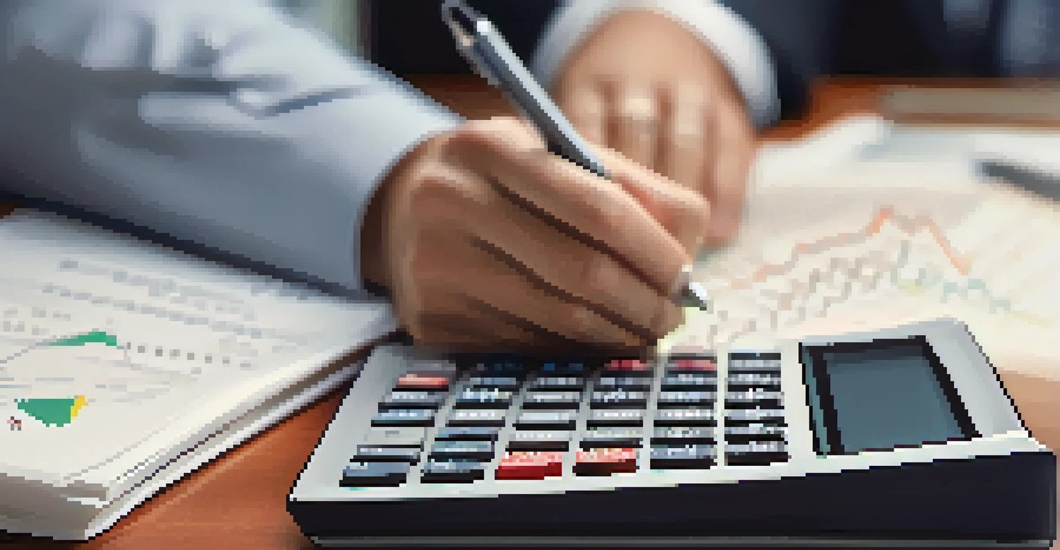 Close-up of hands using a calculator and pen over a notepad filled with investment strategies.