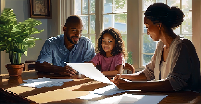 A family gathered around a wooden table, discussing estate planning with papers and a laptop, illuminated by soft sunlight.