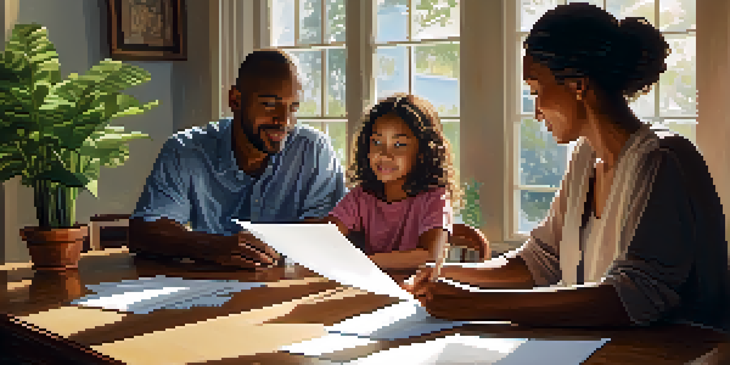 A family gathered around a wooden table, discussing estate planning with papers and a laptop, illuminated by soft sunlight.