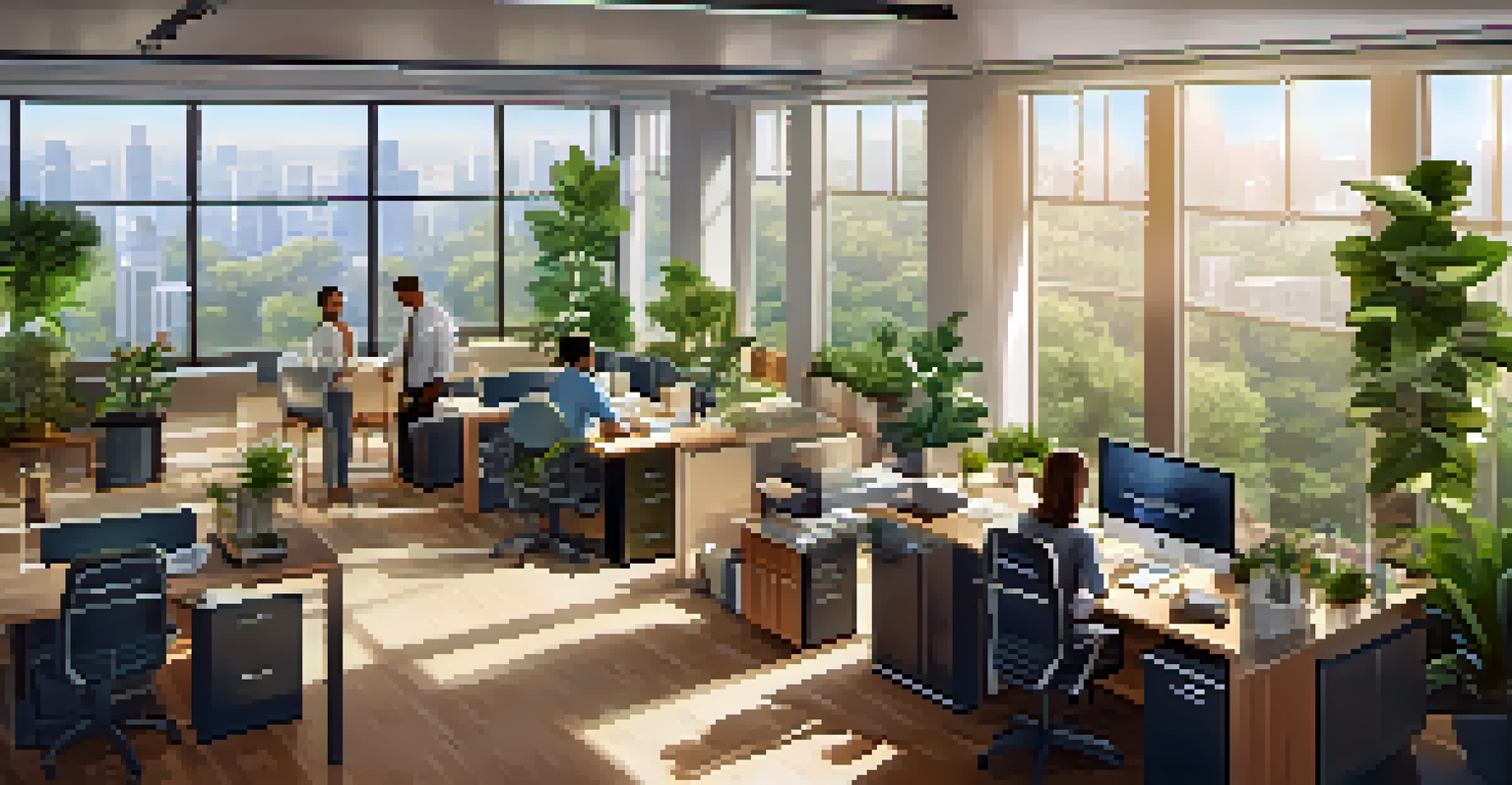 An aerial view of a small business office with employees working at their desks in a modern, sunlit environment.