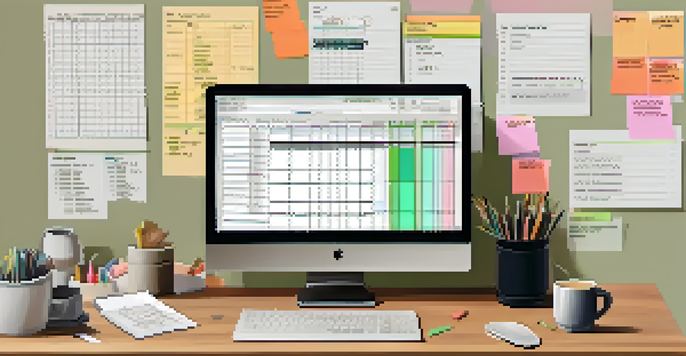 A workspace with a computer showing a budgeting spreadsheet, sticky notes, a calculator, and a cup of coffee.