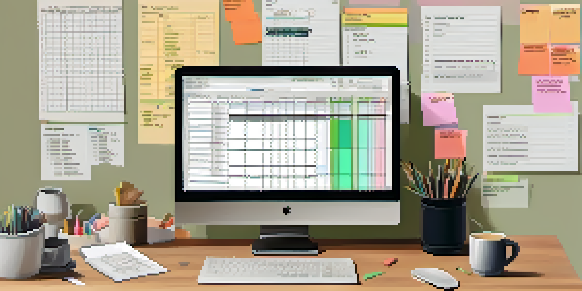 A workspace with a computer showing a budgeting spreadsheet, sticky notes, a calculator, and a cup of coffee.