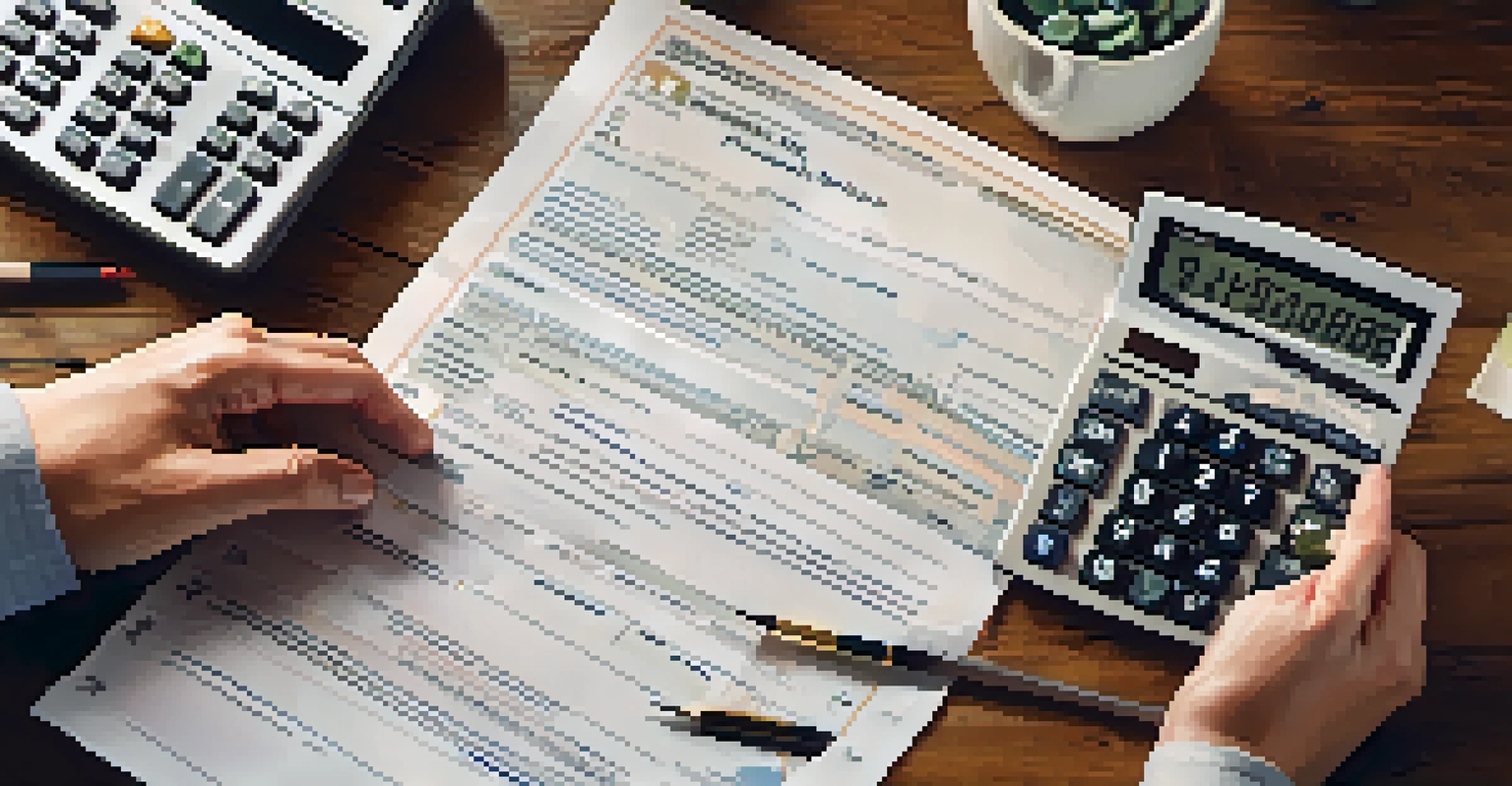 Close-up of hands holding a document about Step-Up Basis, with a calculator and property tax papers on a wooden table.