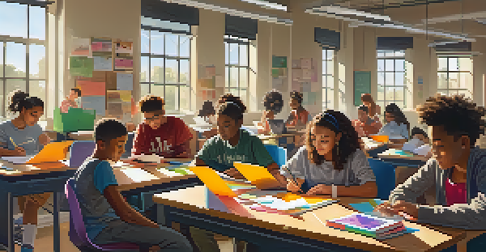 A diverse group of students working together on a project in a bright classroom, with educational materials around them.