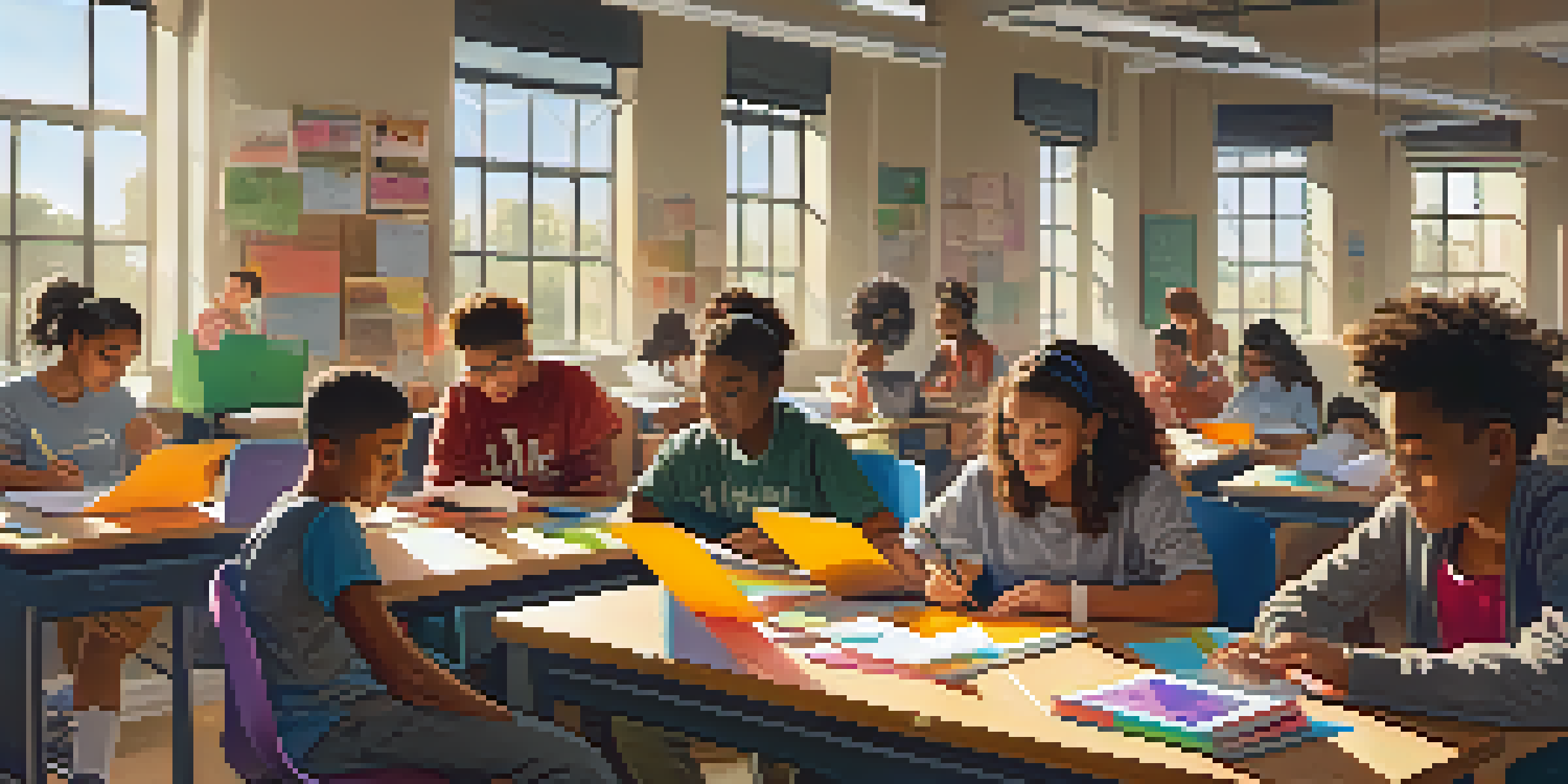 A diverse group of students working together on a project in a bright classroom, with educational materials around them.