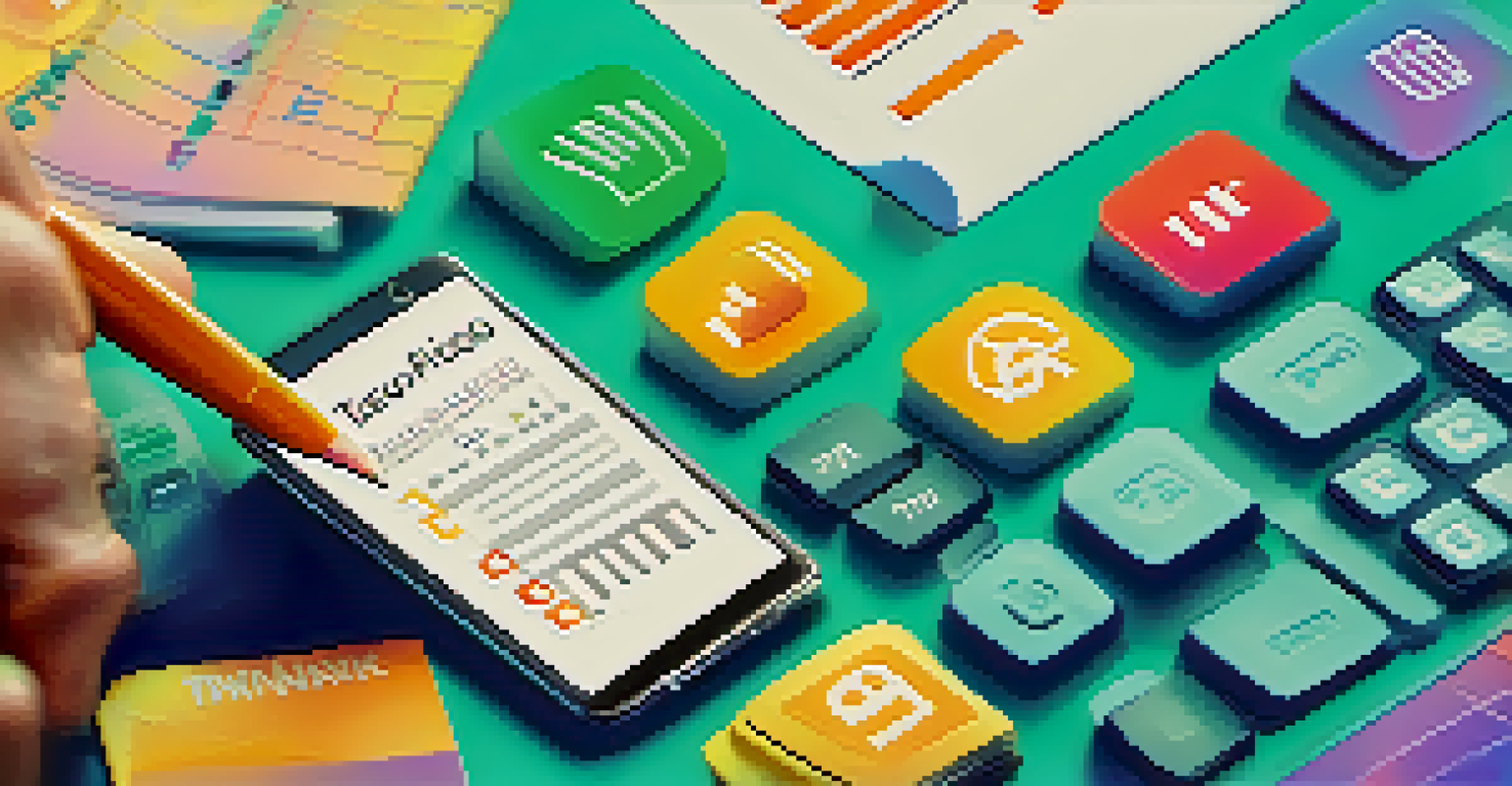 A close-up of a hand using a smartphone with tax software, with a calculator and notepad behind it.