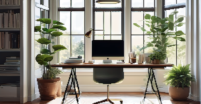 A modern home office with a desk, laptop showing financial data, and indoor plants in soft natural light.