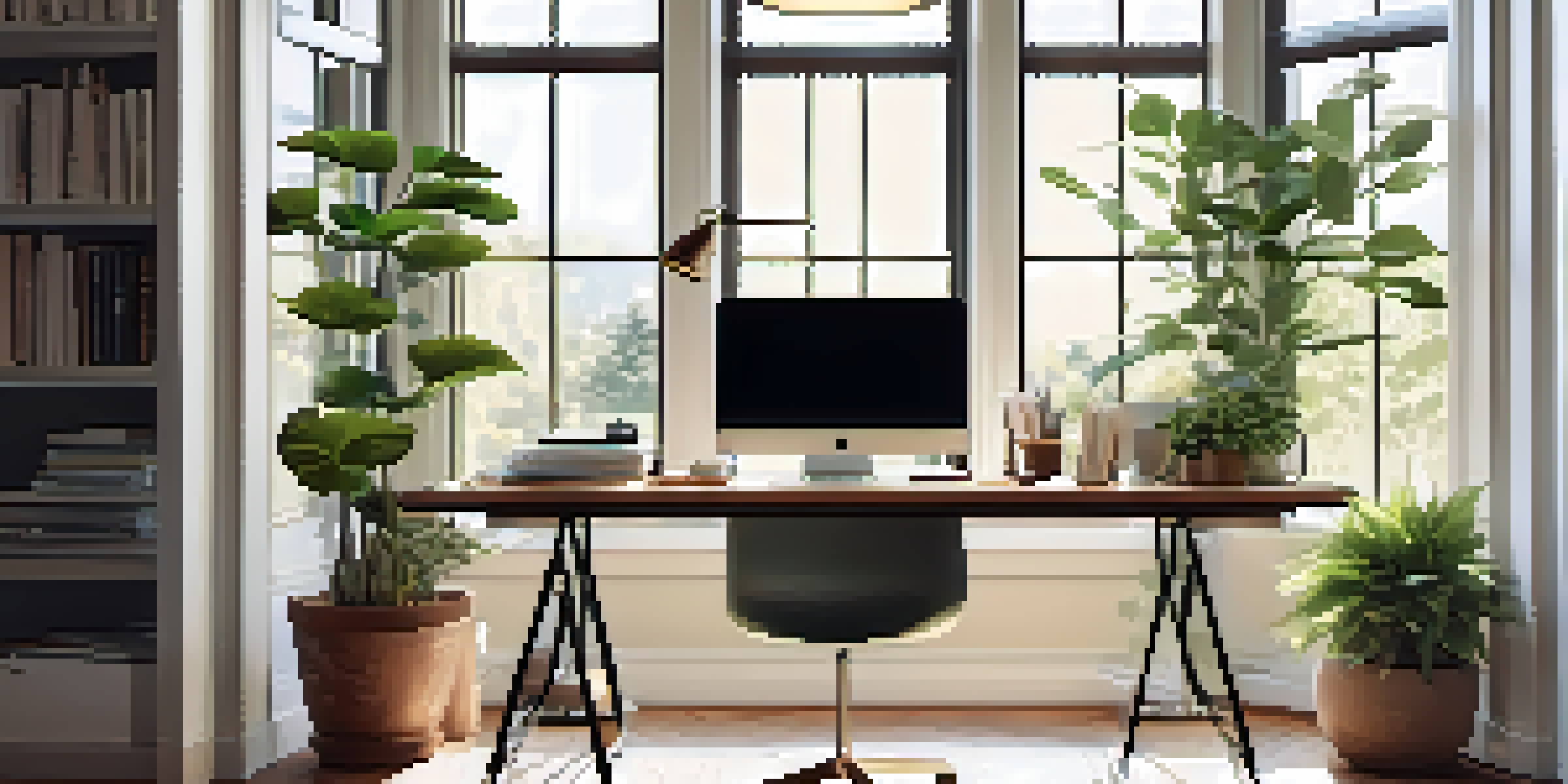 A modern home office with a desk, laptop showing financial data, and indoor plants in soft natural light.