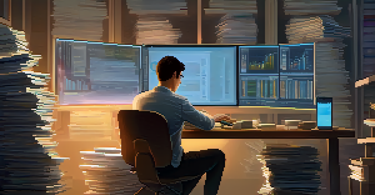 A person seated at a desk with a laptop analyzing cryptocurrency data, surrounded by organized paperwork and a digital tablet, in a softly lit calm environment.