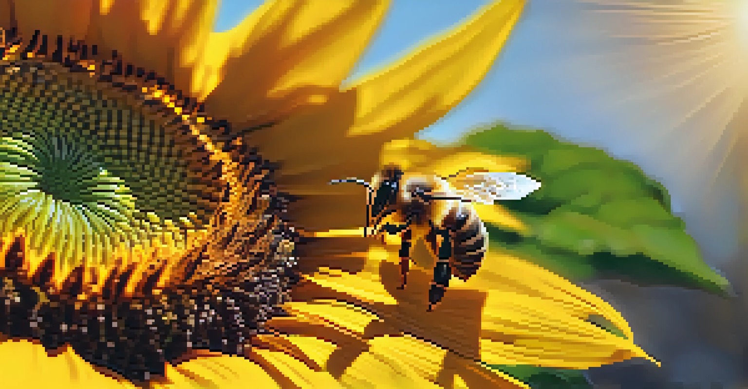 A close-up of a honeybee collecting pollen from a bright sunflower, showcasing the details of the bee and flower.